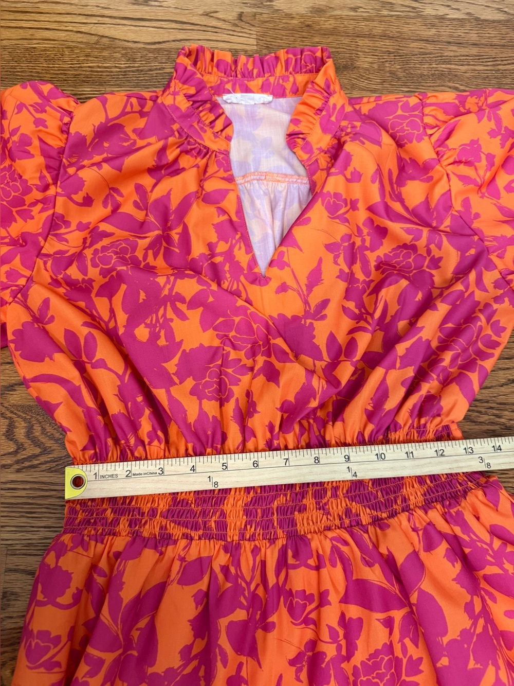 THML Orange and Pink Floral Smocked Waist Mini Dress Sz L - Picture 7 of 11